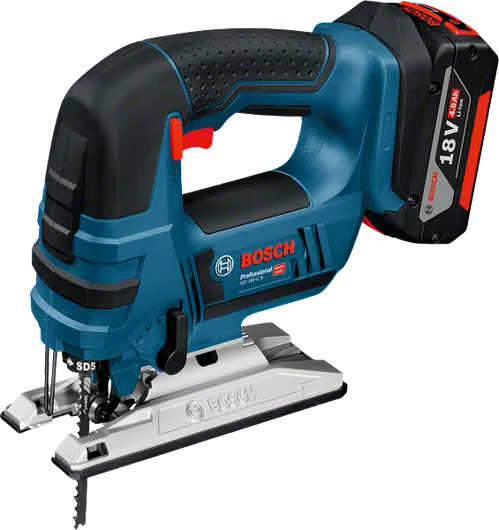 Bosch 18V-LI 無線曲線鋸，配有符合人體工學的手柄。.