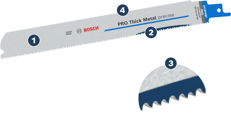 適用於切削厚壁金屬管材和型材,使用壽命長 Bosch PRO 厚金屬精密往復鋸片。
