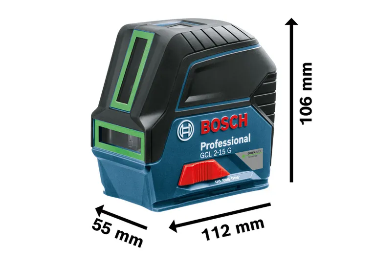 BoschGCL 2-15 G 組合雷射及其尺寸。