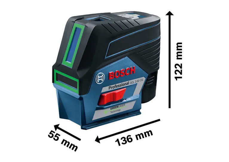 Bosch 2-50 CG 組合式雷射水平儀，附尺寸標註。