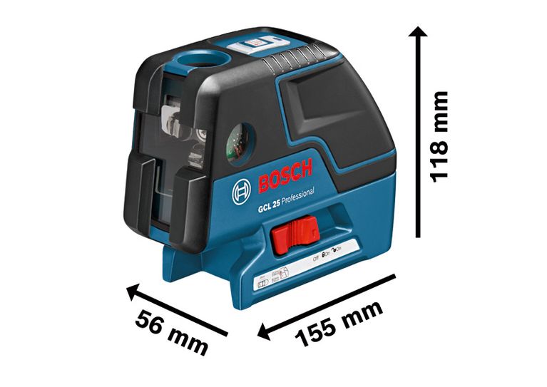 Bosch GCL 25 combi laser leveling tool, dimensions shown.