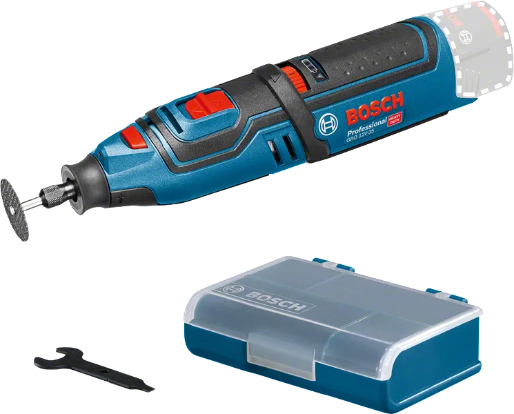 Bosch GRO 12V-35 cordless rotary tool set.