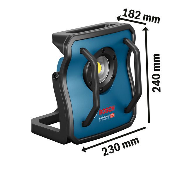 Bosch 18V-4000 C 無線工地照明燈，附尺寸測量數據。