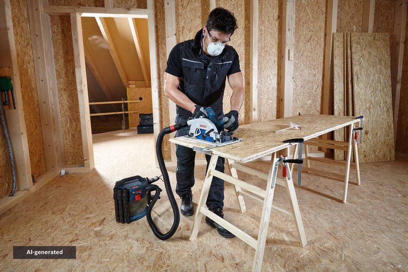 A person wearing safety equipment cuts plywood with a circular saw connected to a dust extractor.