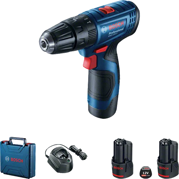 Bosch GSB 120-LI cordless drill set with batteries and charger.