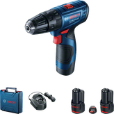 Bosch GSB 120-LI cordless drill set with batteries and charger.