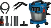BoschGAS 18V-10L 無線乾濕兩用吸塵器，並附有配件。