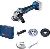 Bosch cordless angle grinder GWS 18V-10 with case and accessories.