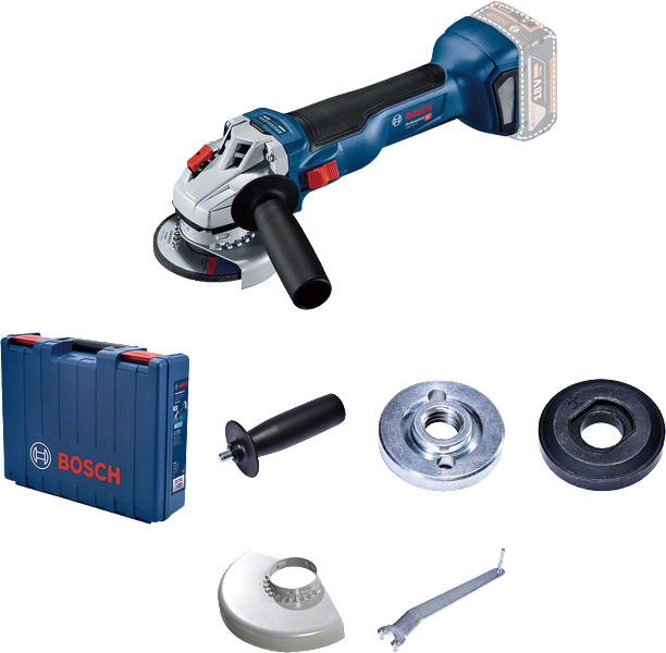 Bosch cordless angle grinder GWS 18V-10 with case and accessories.