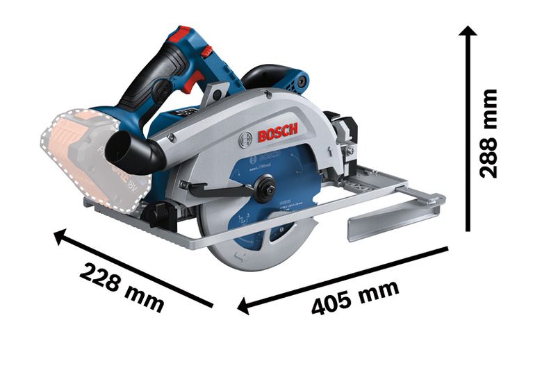 BoschGKS 18V-68 GC 無線圓鋸及其尺寸。