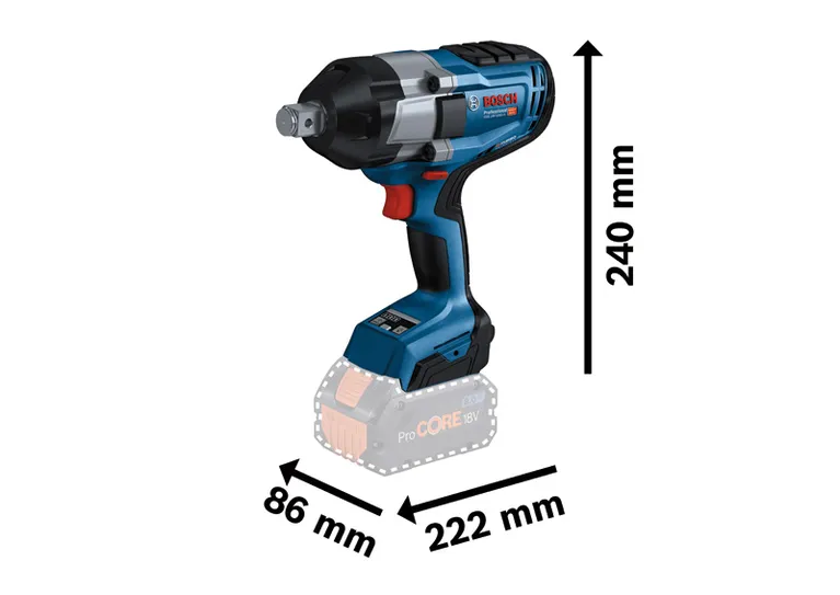 Bosch 18V-1050 H 無線衝擊扳手及其尺寸。