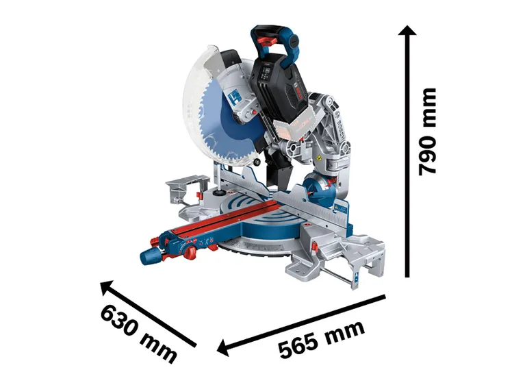 Bosch 18V-305 GDC 無線斜切鋸，尺寸規格。