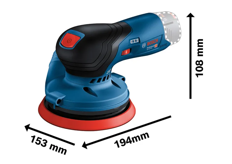 Bosch 12V-125 無線隨機軌道砂光機，轉速 6,000–10,000 轉/分鐘。