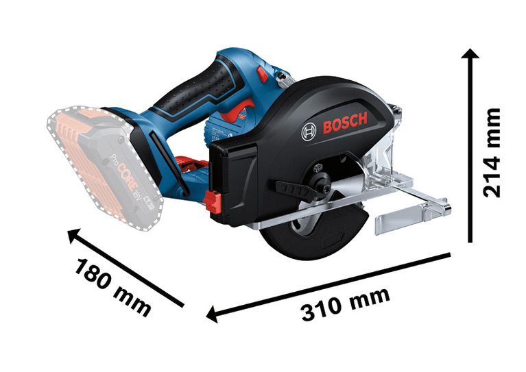 Bosch 18V-50 金屬圓鋸，附尺寸說明。