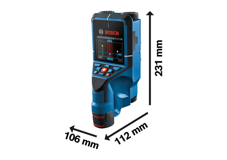 Bosch D-tect 200 C wall scanner with display and dimensions.