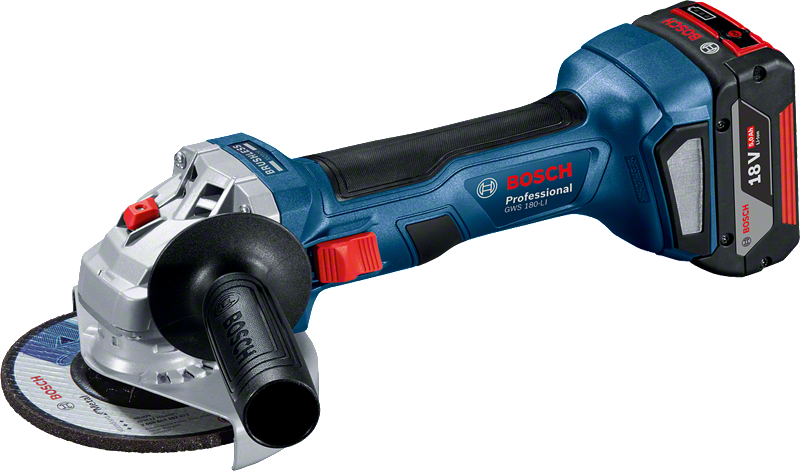 Bosch GWS 180-LI cordless angle grinder with 18V 5.0Ah battery.