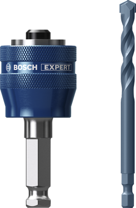 附導向鑽頭的超耐久圓穴鋸快拆系統專業款 Bosch EXPERT Power Change Plus 孔鋸心軸和 TCT 鑽頭。.