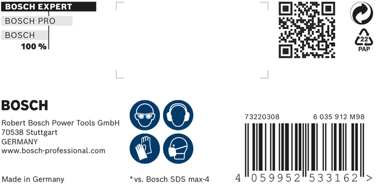 Bosch SDS max-8X 衝擊鑽頭安全和產品標籤。