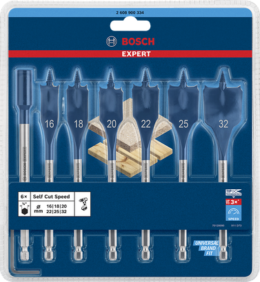 超耐久木工用快速扁平鑽頭套組 Bosch Expert Self Cut Speed 鏟形鑽頭套裝 16–32 mm。.