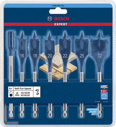 7 件式超耐久木工用快速扁平鑽頭套組 16/18/20/22/25/32 mm Bosch Expert Self Cut Speed 鏟形鑽頭套裝 16–32 mm。.