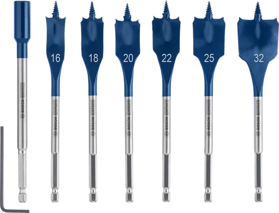 7 件式超耐久木工用快速扁平鑽頭套組 16/18/20/22/25/32 mm Bosch Self Cut Speed 鏟形鑽頭套裝 7 件套.
