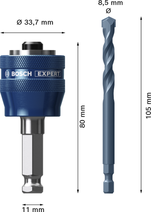 超耐久圓穴鋸快拆系統專業款圓穴鋸系統柄軸 11 mm,TCT 鑽頭 8.5 x 105 mm,2 件式 Bosch EXPERT Power Change Plus 孔鋸系統心軸和 TCT 鑽頭 8.5 毫米。.