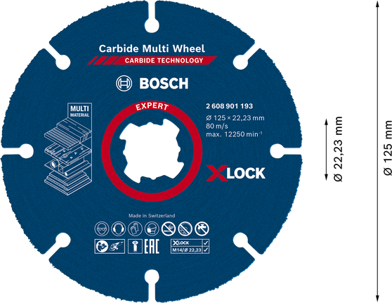 超耐久鎢鋼多功能切片 X-LOCK 切削砂輪片 125 mm,22.23 mm Bosch EXPERT 多材料硬質合金切割盤,X-Lock。