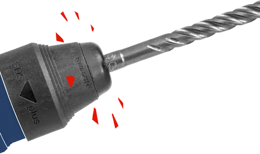 旋轉鎚鑽頭安裝在卡盤上，用於重型鑽孔任務。.