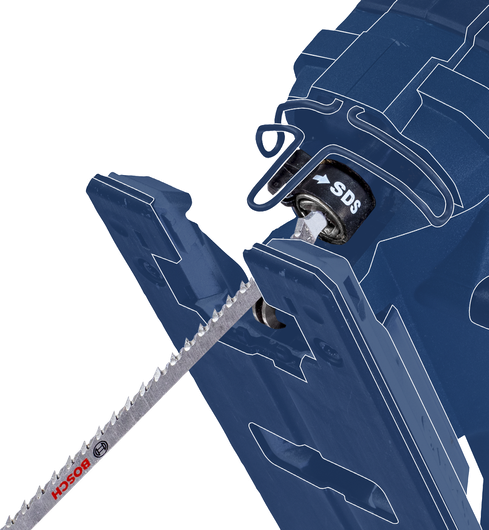 拼圖工具的特寫，顯示了使用 SDS 快速更換系統的刀片安裝。.