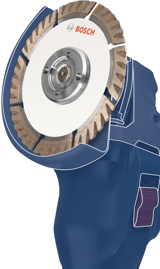 帶有鑽石刀片附件的角磨機，工具主體以藍色顯示。.