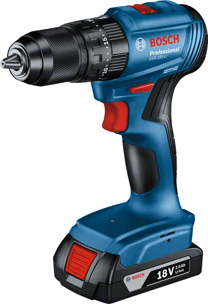 Bosch GSB 185-LI cordless drill, 18V 2.0Ah battery.