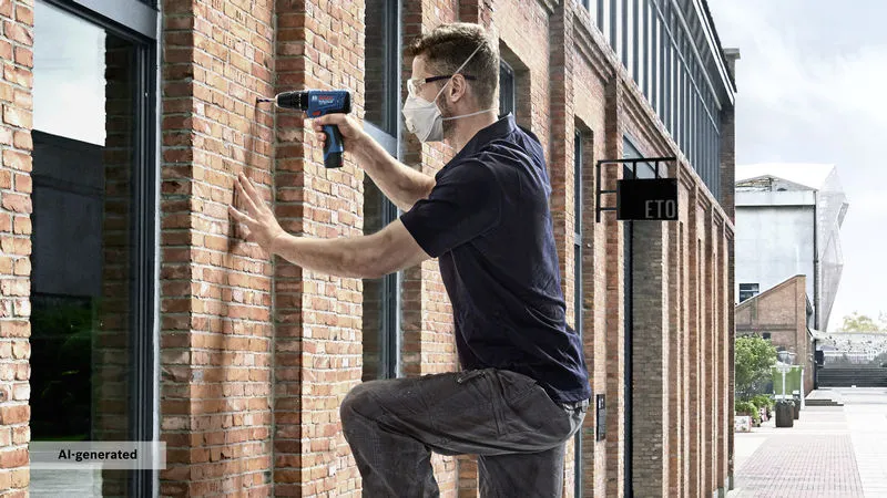 Person wearing safety equipment drills into a brick wall outside a building.