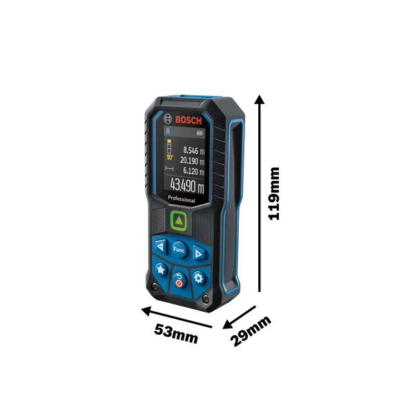 Bosch GLM 50-23 G laser measure, 119mm by 29mm.