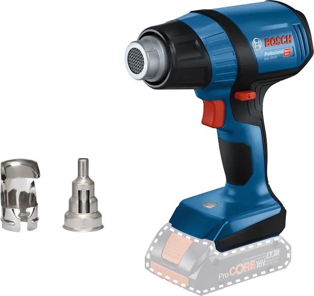 附噴嘴的BoschGHG 18V-50 無線熱風槍。.
