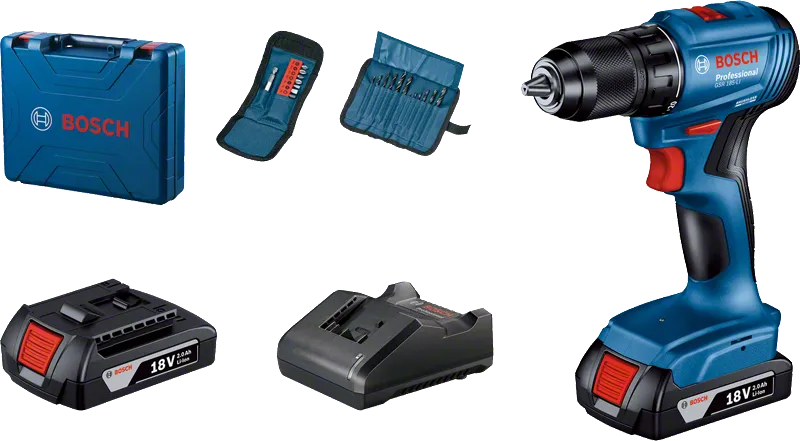 Bosch 185-LI 無線電鑽套裝，配有兩顆 18V 電池。