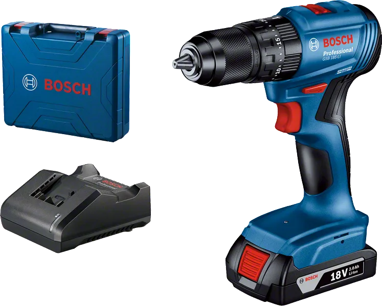 Bosch GSB 185-LI cordless drill with charger and case.
