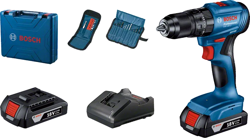 Bosch GSB 185-LI cordless drill set with 18V battery.