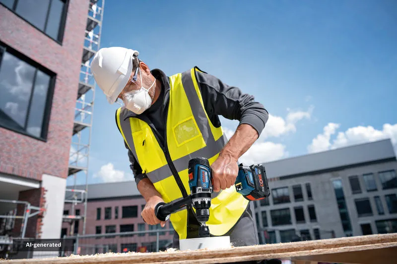 A person wearing safety equipment drills a hole into wood at a construction site.