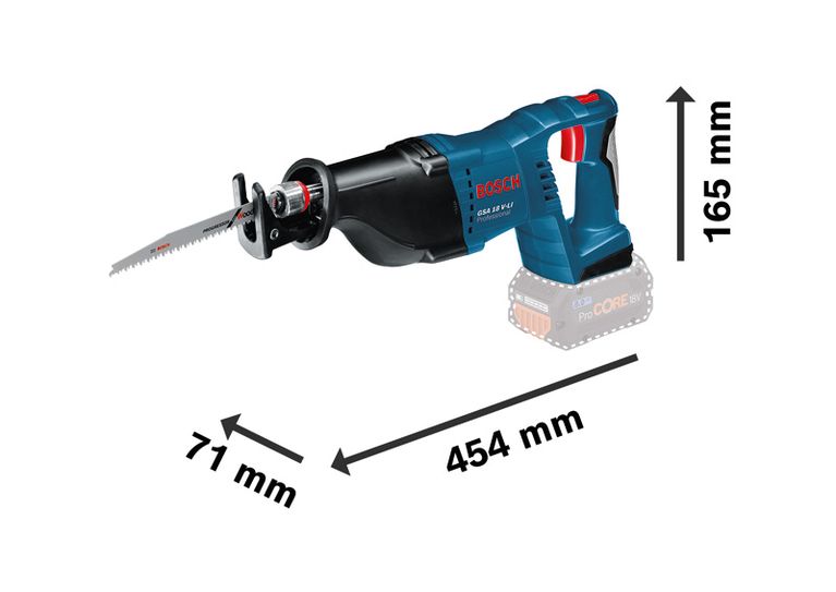 Bosch 18V-LI 往復鋸，尺寸如圖所示。.