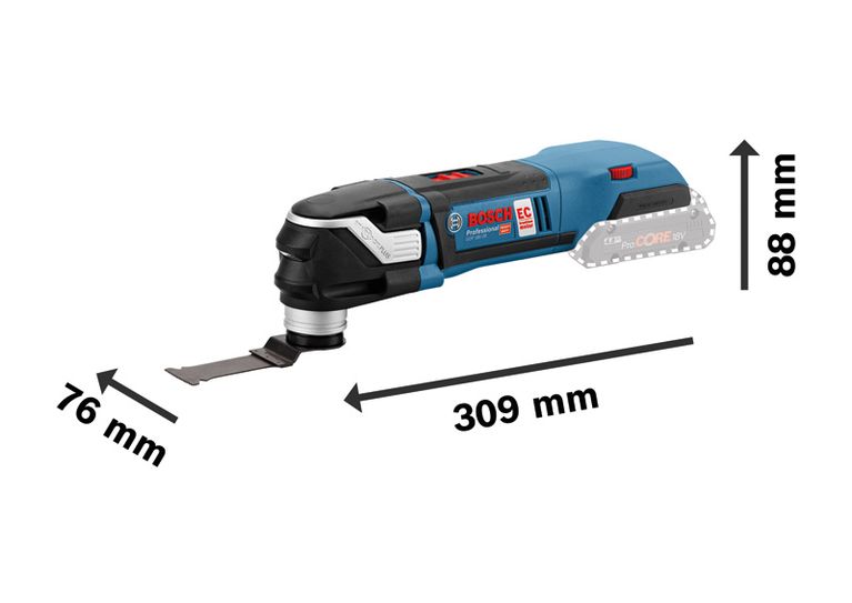 Bosch 18V-28 無線多功能切割機，尺寸規格。