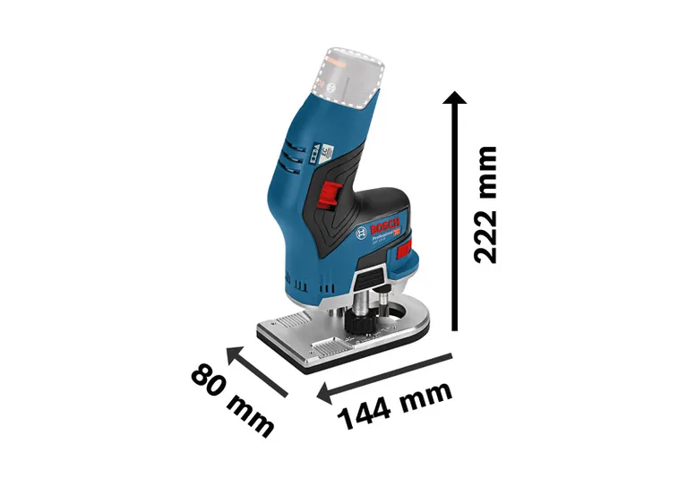 Bosch 12V-8 無線掌式修邊機，尺寸規格。