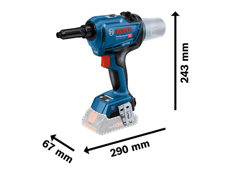 帶有尺寸的Bosch GRG 18V-16 C 無線鉚釘工具。.