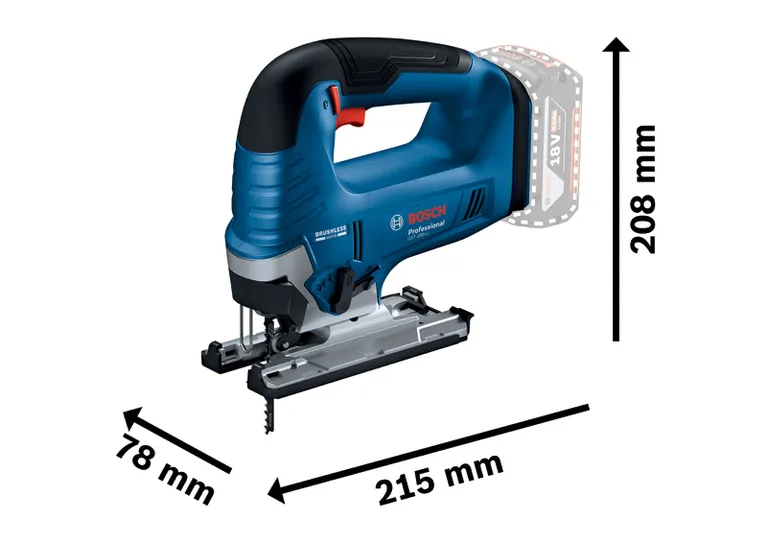 Bosch 185-LI 18V 無線曲線鋸，尺寸規格。