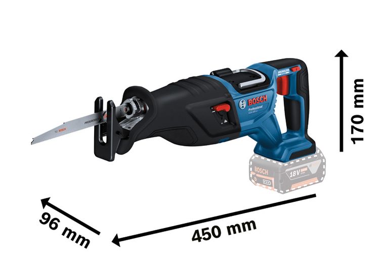 Bosch GSA 185-LI cordless reciprocating saw with dimensions.