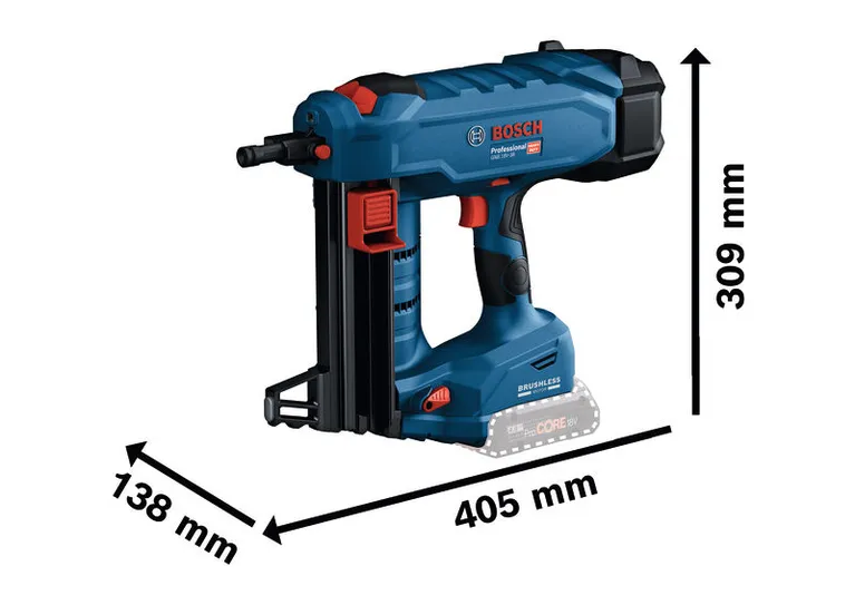 BoschGNB 18V-38 釘槍，配備 ProCore 電池及尺寸。