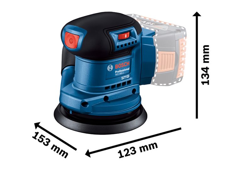 Bosch 185-LI 無線隨機軌道砂光機尺寸。.