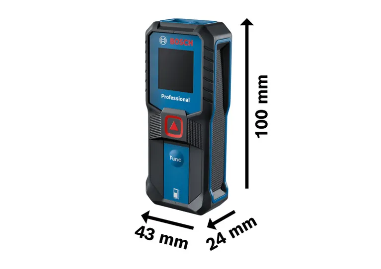 Bosch 25-23 雷射測距儀，尺寸為 100x43x24 毫米。