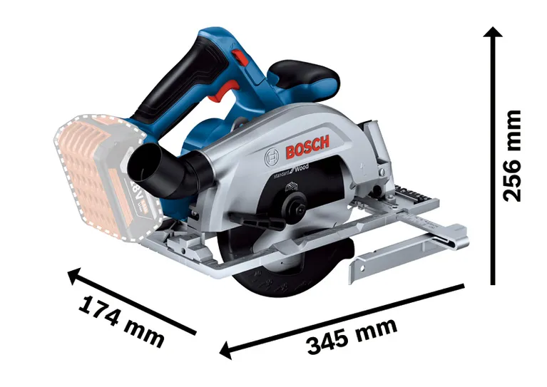 BoschGKS 185-LI 圓鋸及工具尺寸。