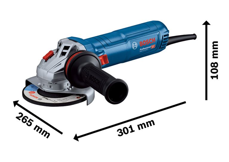 Bosch GWS 12-125 S angle grinder with size dimensions.