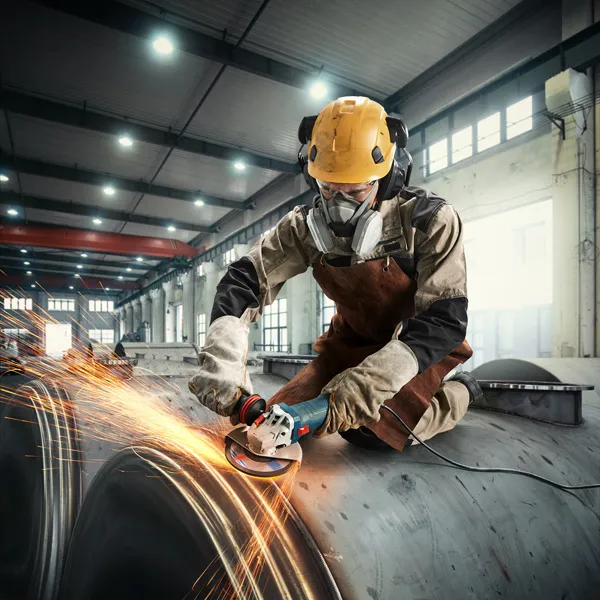 A person wearing safety equipment grinds metal, creating sparks in an industrial setting.